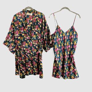 Victoria's Secret Gold Label Floral Silk Robe + Chemise Slip Dress 2-pc Set
